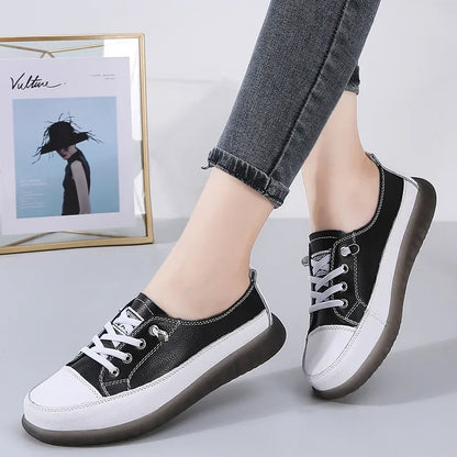 Sport Shoes Women Natural Genuine Leather Flat Casual Shoes Female Ballet Flats Lace Up White Court Sneakers Ladies Flats