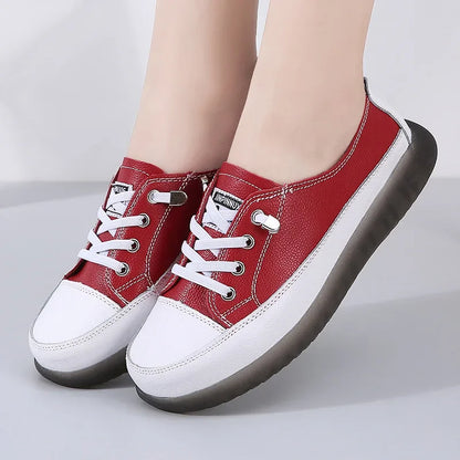 Sport Shoes Women Natural Genuine Leather Flat Casual Shoes Female Ballet Flats Lace Up White Court Sneakers Ladies Flats